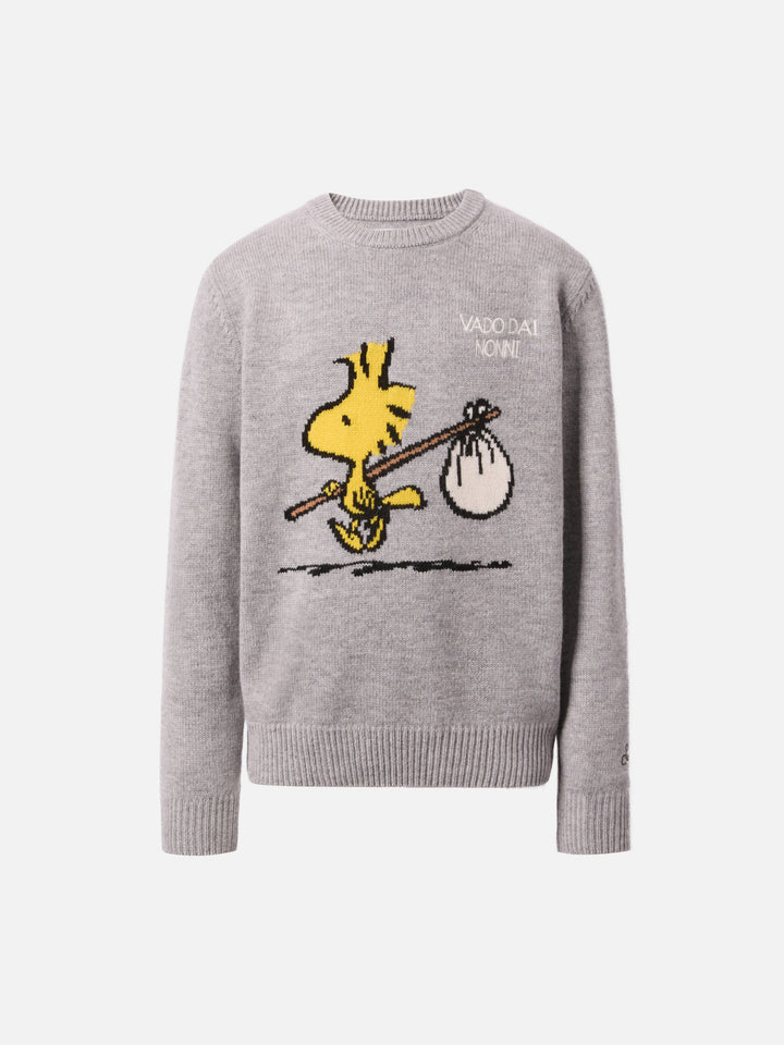 Girocollo Douglas in misto cashmere con stampa Woodstock e ricamo Vado dai Nonni | PEANUTS SPECIAL EDITION