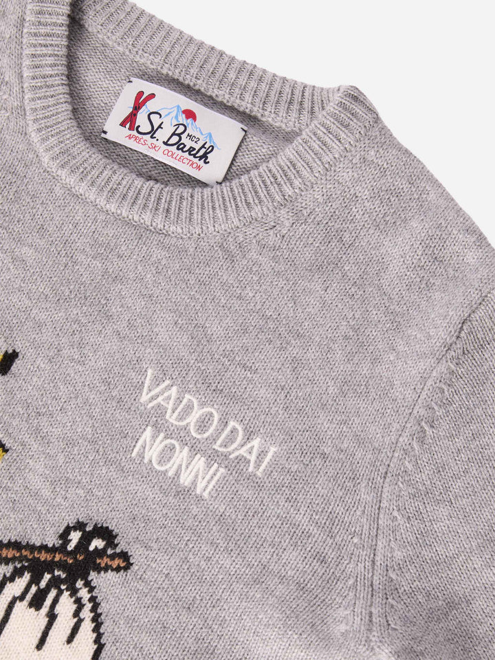 Girocollo Douglas in misto cashmere con stampa Woodstock e ricamo Vado dai Nonni | PEANUTS SPECIAL EDITION