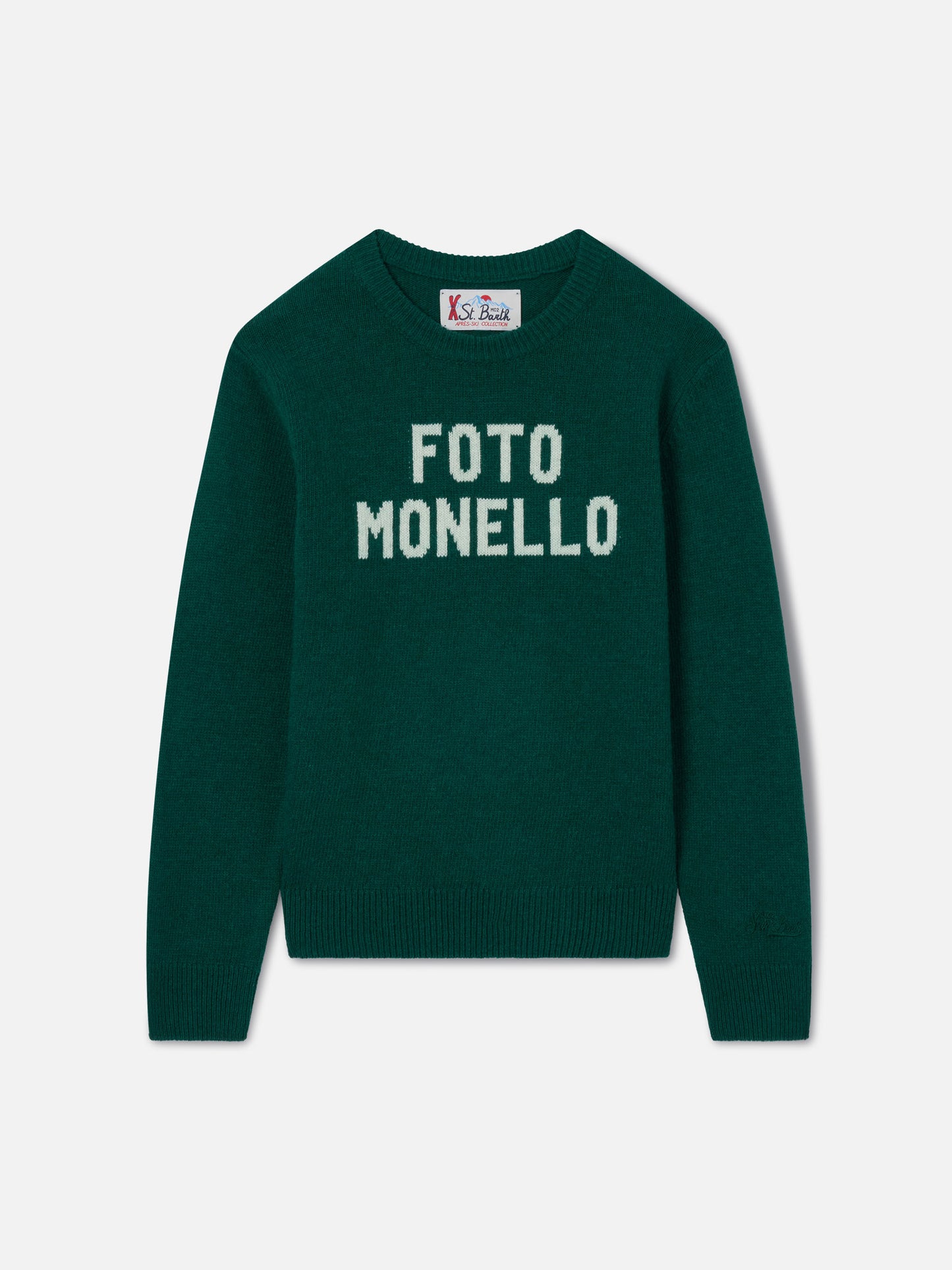 Prenda de punto con cuello redondo Douglas en verde bosque con lettering Foto Monello 