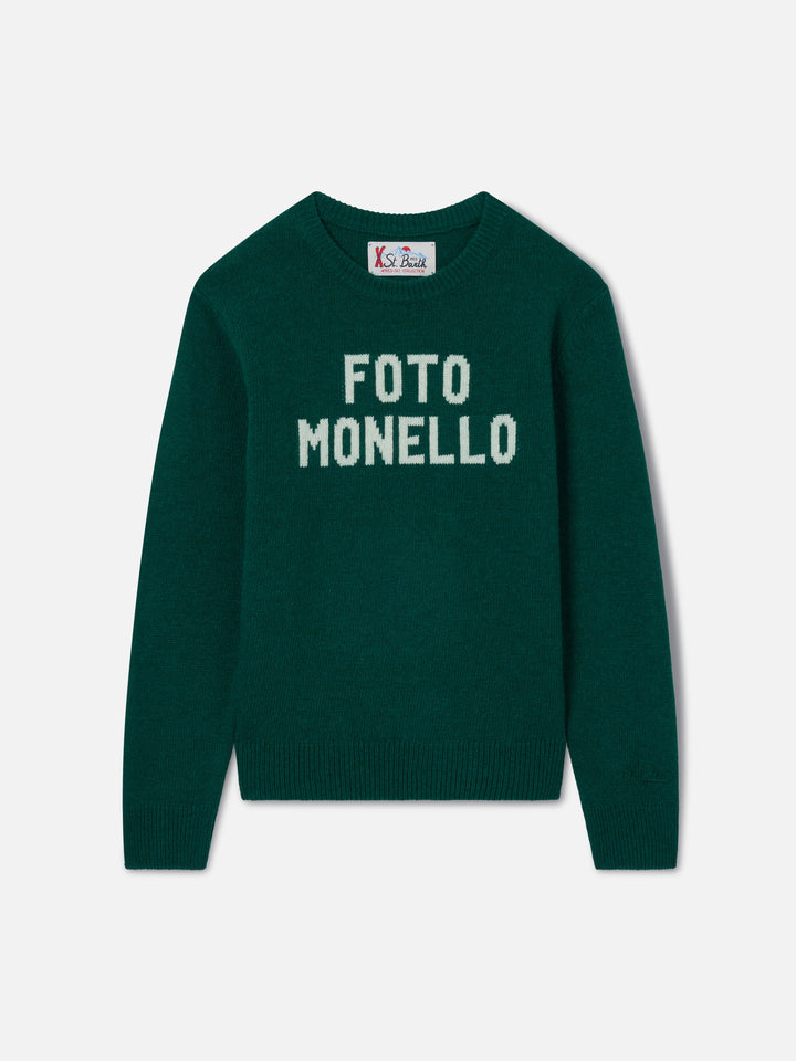 Prenda de punto con cuello redondo Douglas en verde bosque con lettering Foto Monello 