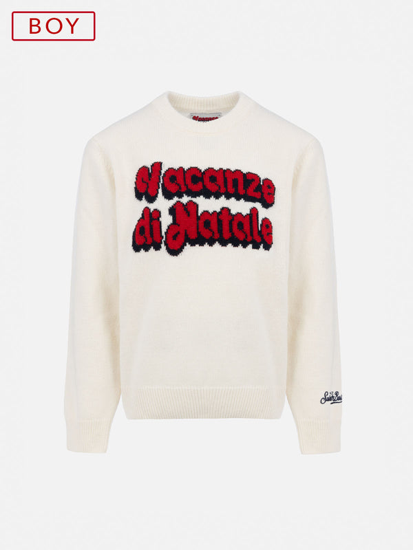 Boy white crewneck sweater Douglas with Vacanze di Natale film logo jacquard | VACANZE DI NATALE SPECIAL EDITION