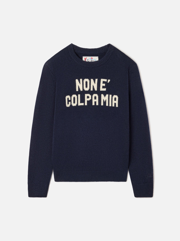 Navy blue Douglas crewneck knit with Non E Colpa Mia intarsia