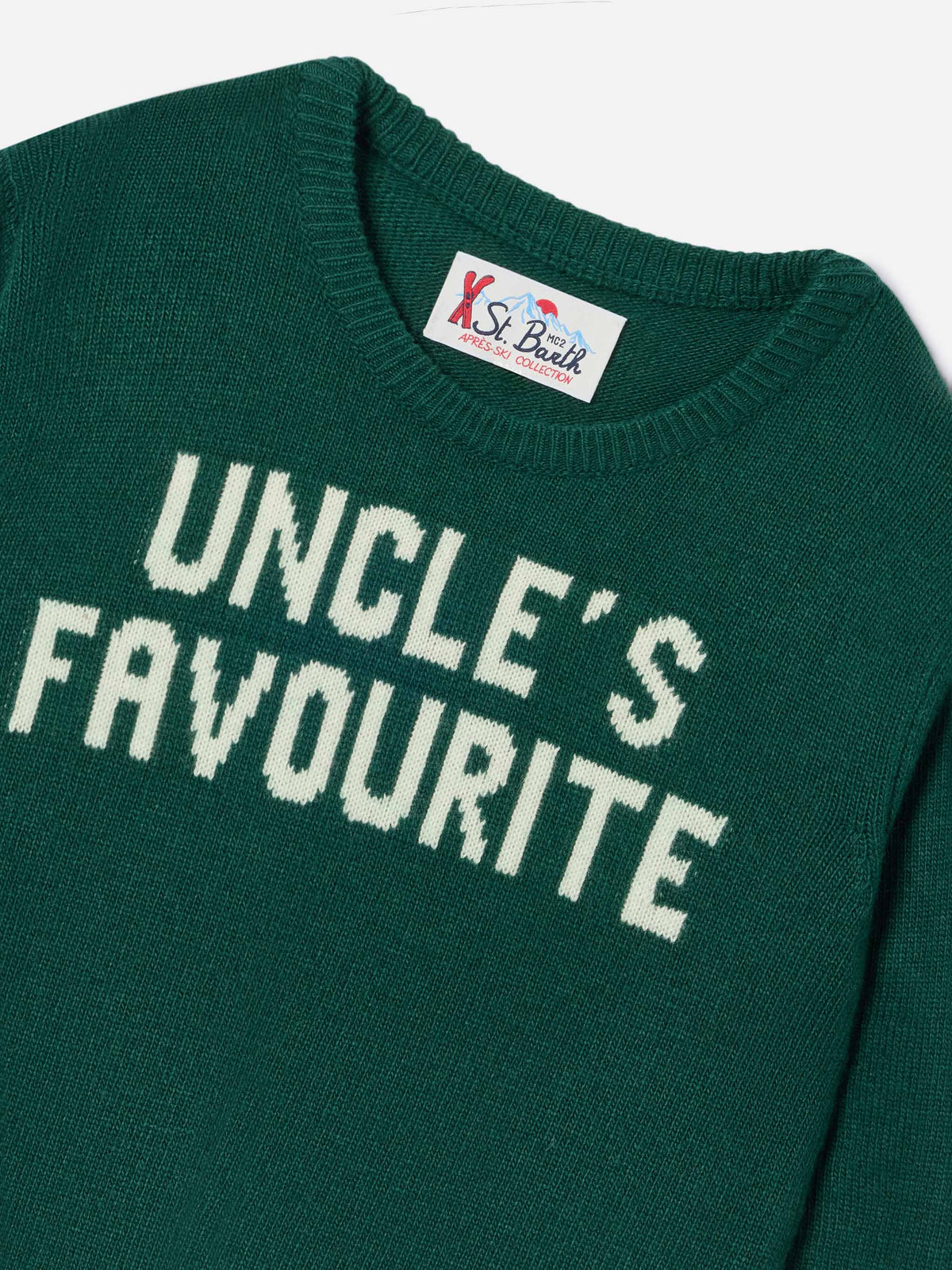 Green Douglas crewneck knit with Uncle's Favourite intarsia