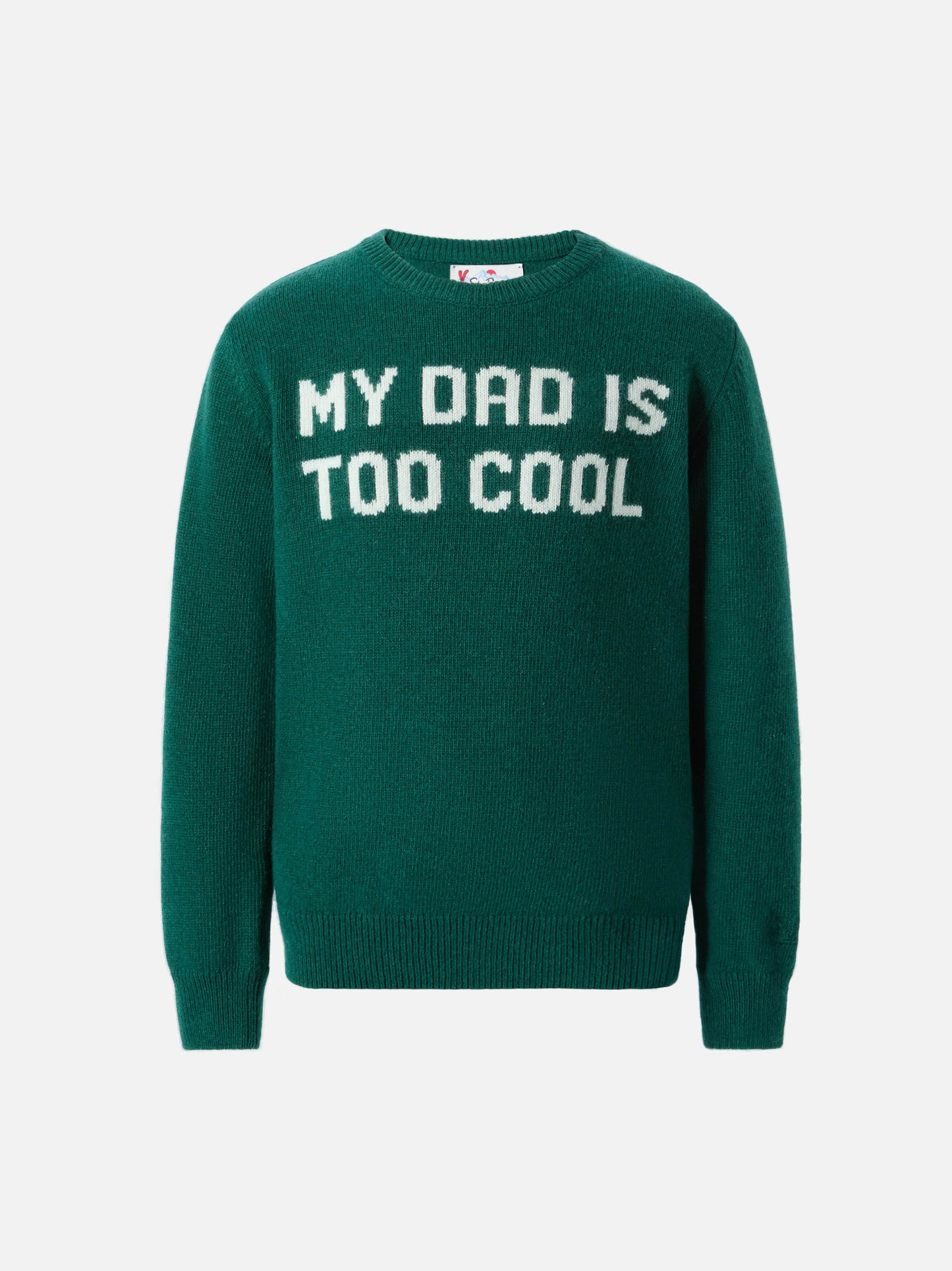 Grüner Pullover Douglas mit dem Jacquardmuster "Mein Vater ist zu cool".