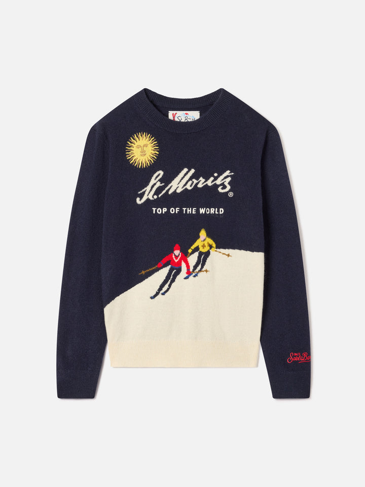 Navy blue Douglas crewneck knit with St. Moritz intarsia and embroidery | Special edition