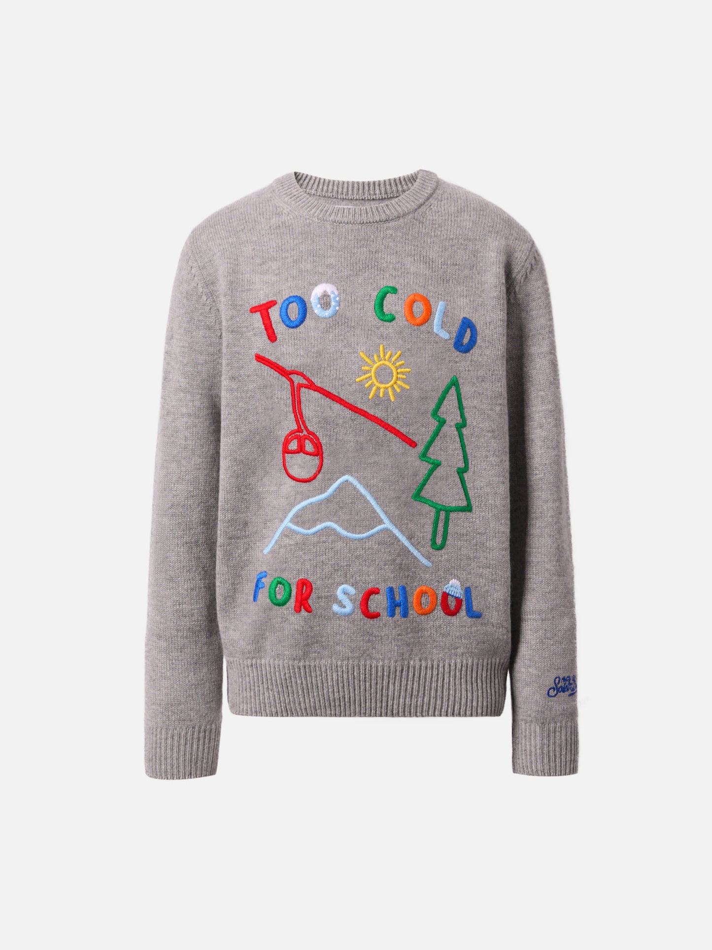 Pullover Douglas aus Kaschmirmischung mit der Stickerei "Zu kalt für die Schule".