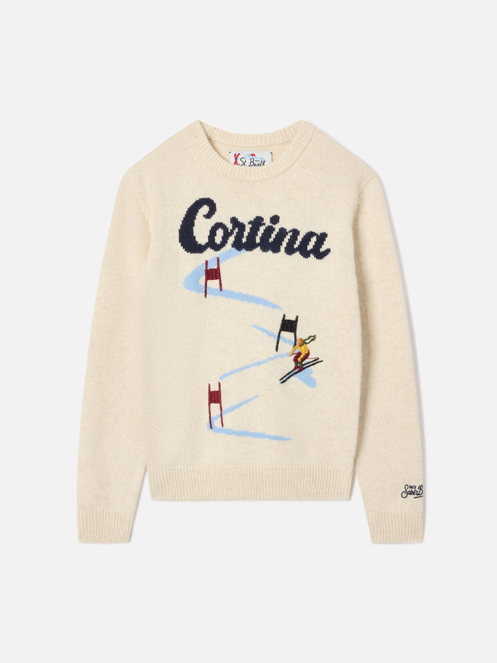 Cream Douglas crewneck knit with Cortina intarsia