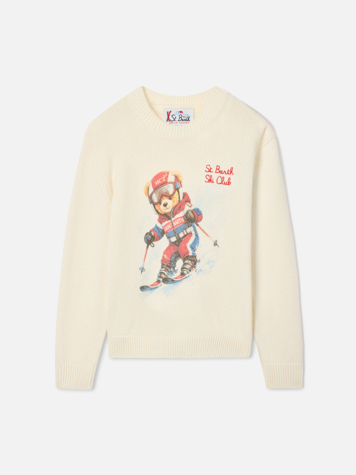 Pull col rond en mélange de laine et cachemire coloris cream Douglas avec intarsia et broderie teddy bear 