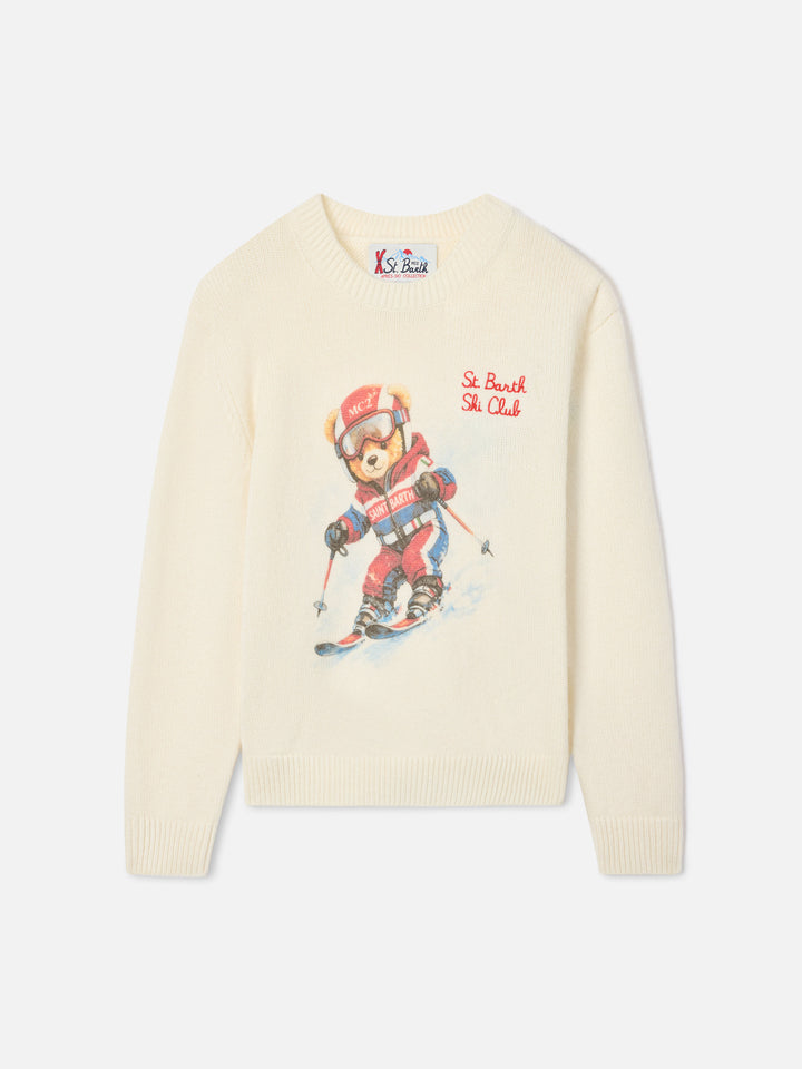 Cream Douglas wool and cashmere blend crewneck with teddy bear intarsia and embroidery