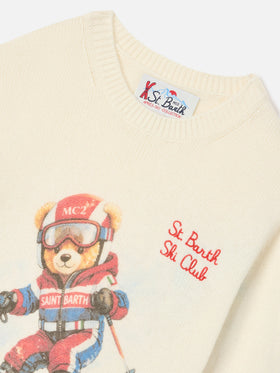 Pull col rond en mélange de laine et cachemire coloris cream Douglas avec intarsia et broderie teddy bear 