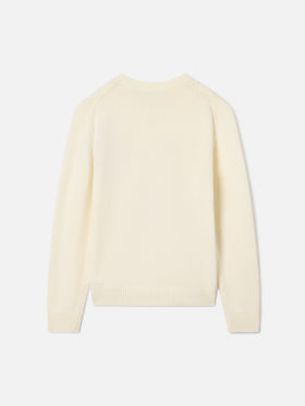 Pull col rond en mélange de laine et cachemire coloris cream Douglas avec intarsia et broderie teddy bear 