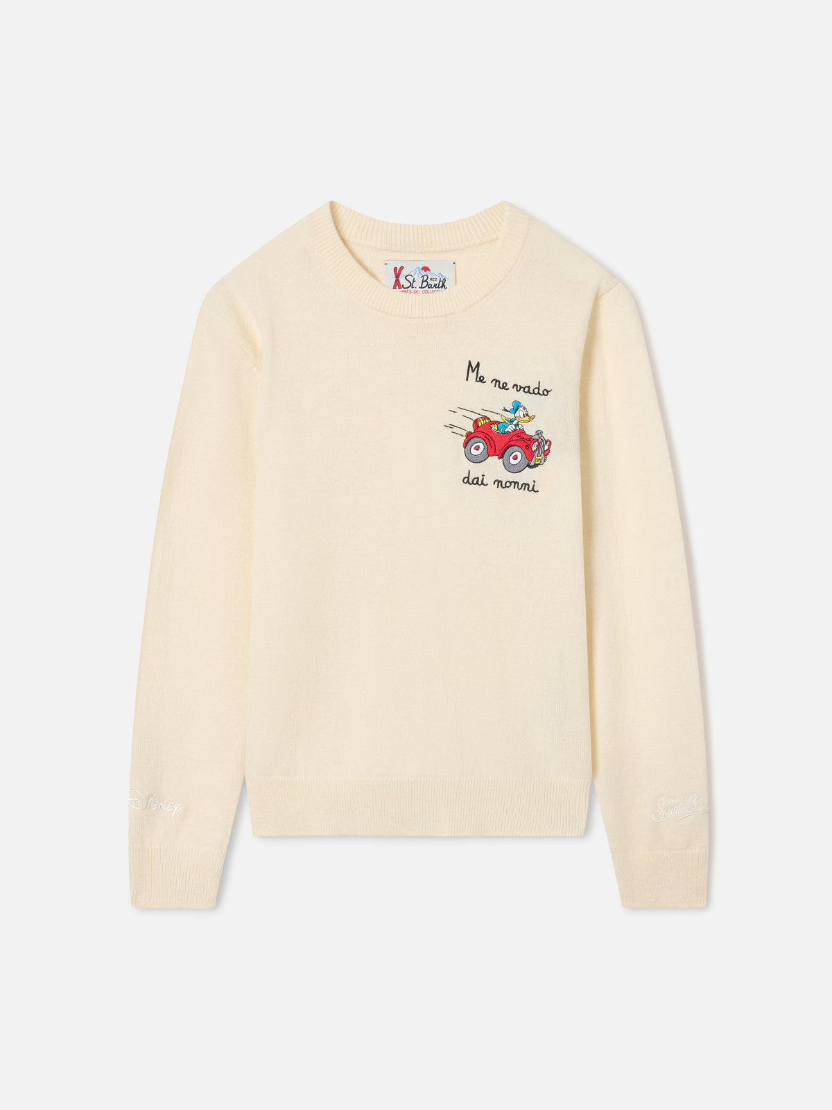 Jersey de cuello redondo en mezcla de lana y cashmere color crema Douglas Light con intarsia de Donald Duck | Special edition 