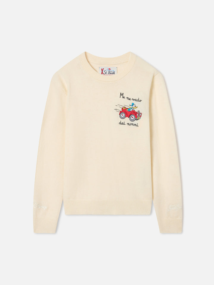 Maglia girocollo Douglas Light panna in misto lana e cashmere con intarsio Paperino | Special edition