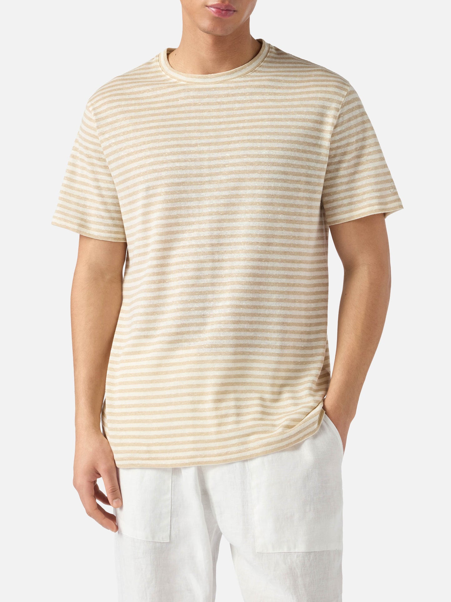 T-shirt Dover in cotone a righe beige con ricamo logo