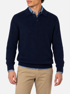 Pull bleu marine côtelé Downing en BLENDED CASHMERE avec col boutonné 