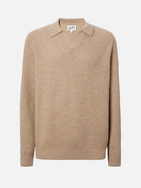 Khakifarbenes Strickpolo-Shirt Downing aus 100 % Wolle