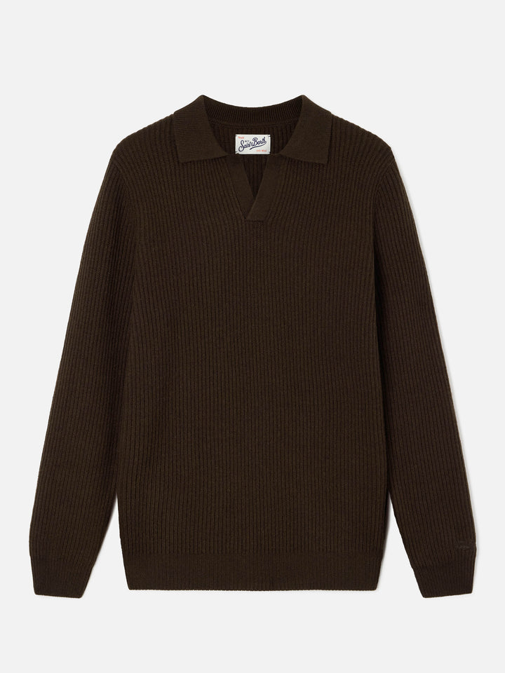 Brown Downing wool ribbed knit polo
