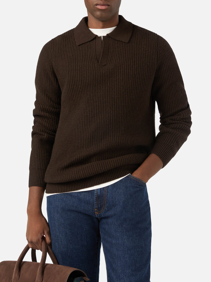 Brown Downing wool ribbed knit polo