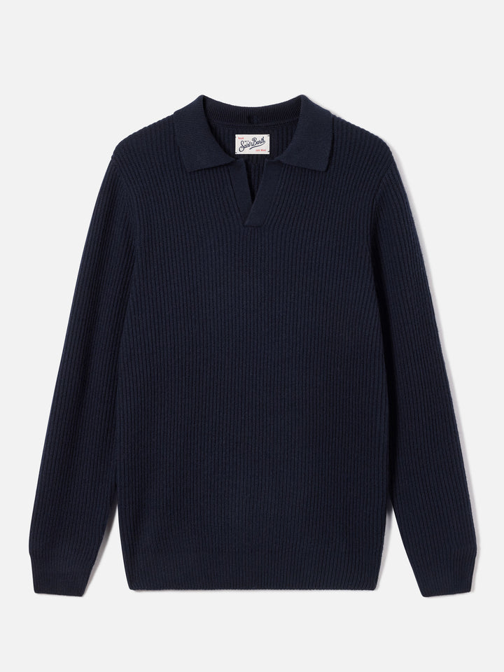 Navy blue Downing wool ribbed knit polo