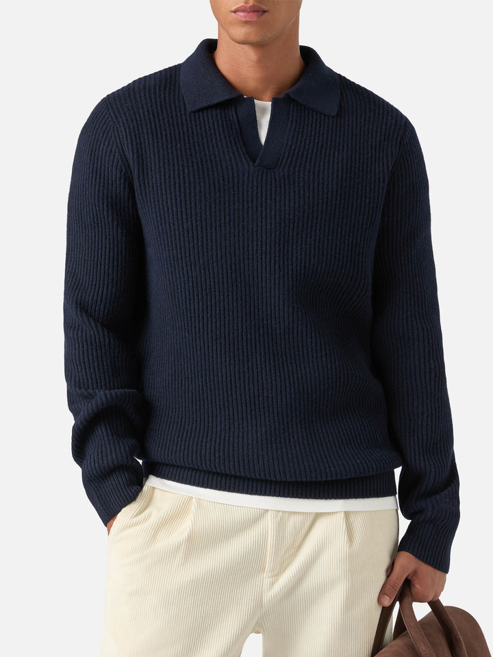 Navy blue Downing wool ribbed knit polo