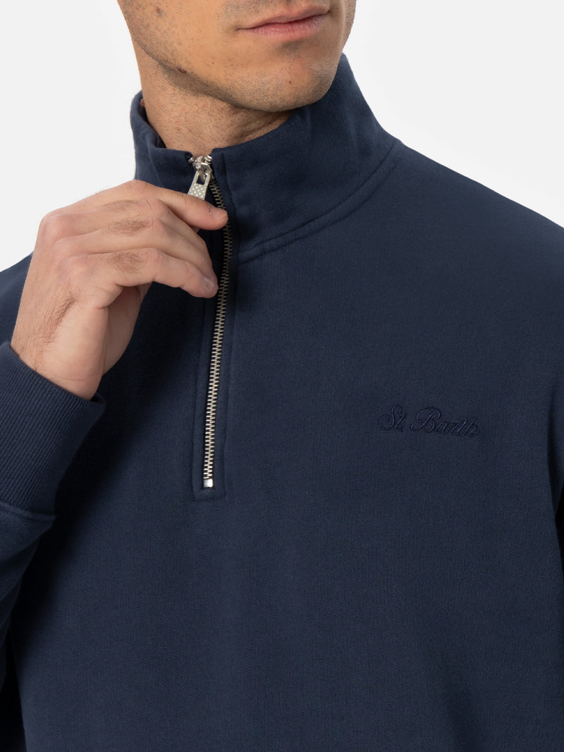 Man navy blue half zipped sweatshirt Dunkan with St. Barth embroidery