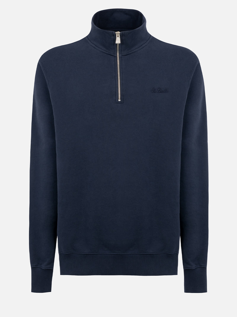 Man navy blue half zipped sweatshirt Dunkan with St. Barth embroidery