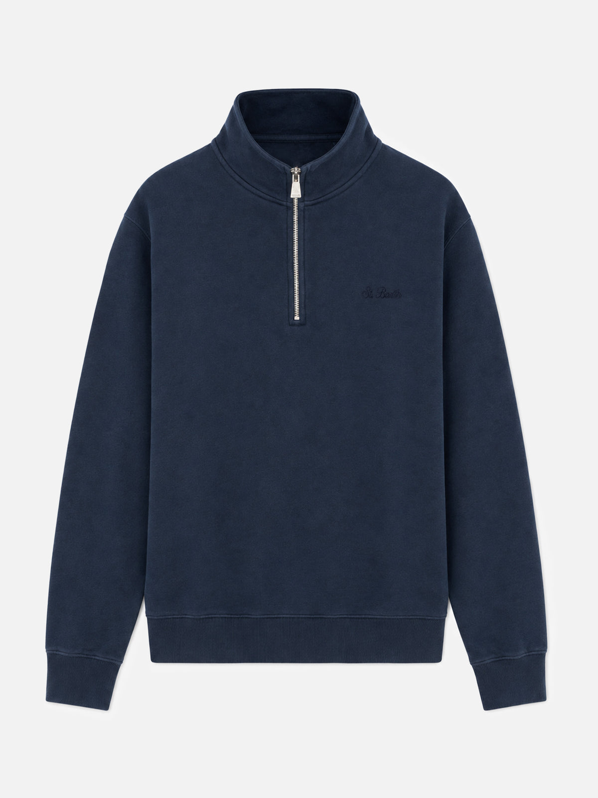 Sudadera de algodón Dunkan con media cremallera en color liso azul marino con bordado del logo 
