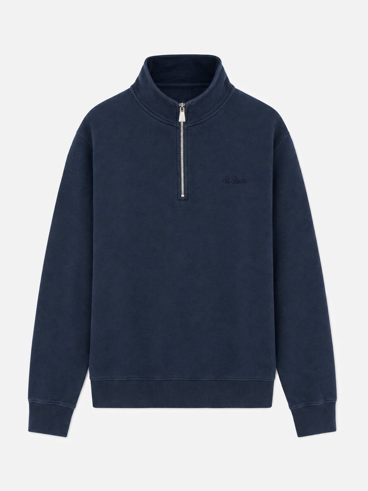 Dunkan Baumwoll-Sweatshirt mit Half-Zip in einfarbigem Navyblau mit Logo-Stickerei 