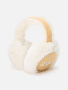 Beigefarbene Ohrenschützer aus Faux-Wildleder mit Faux Fur und Logostickerei 