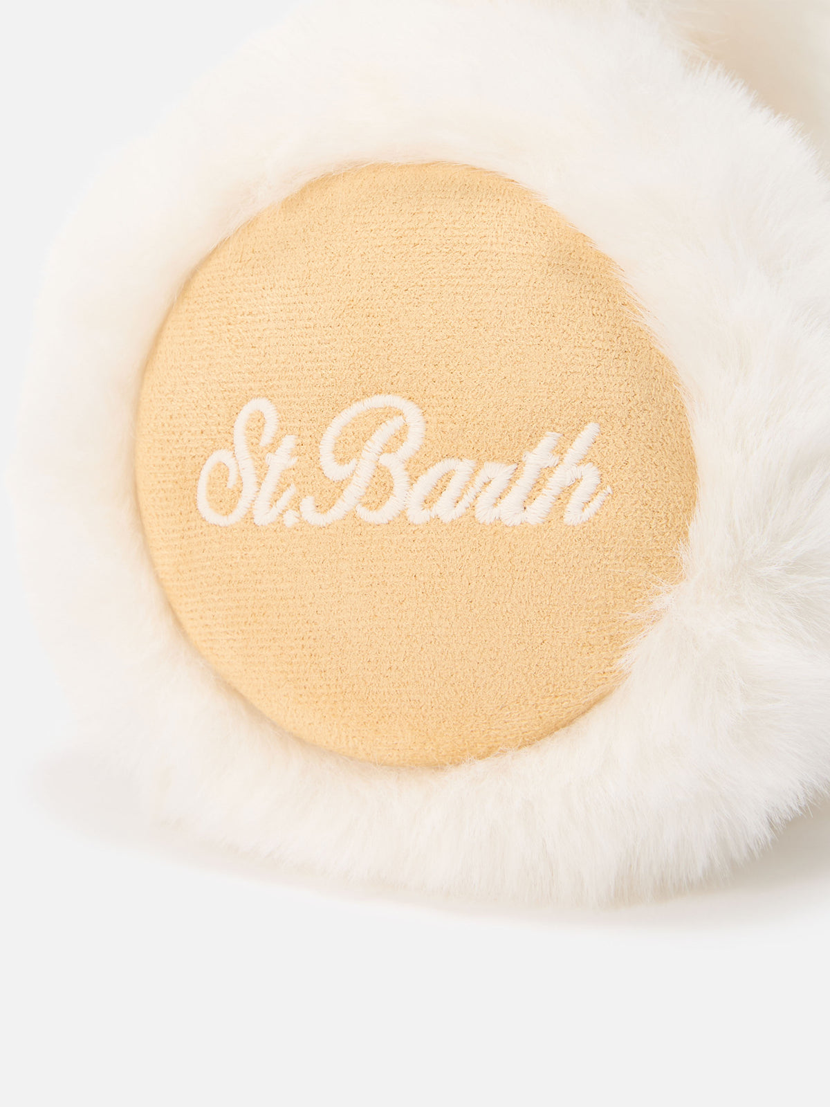 Beigefarbene Ohrenschützer aus Faux-Wildleder mit Faux Fur und Logostickerei 