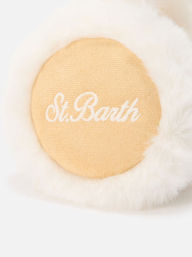 Beigefarbene Ohrenschützer aus Faux-Wildleder mit Faux Fur und Logostickerei 