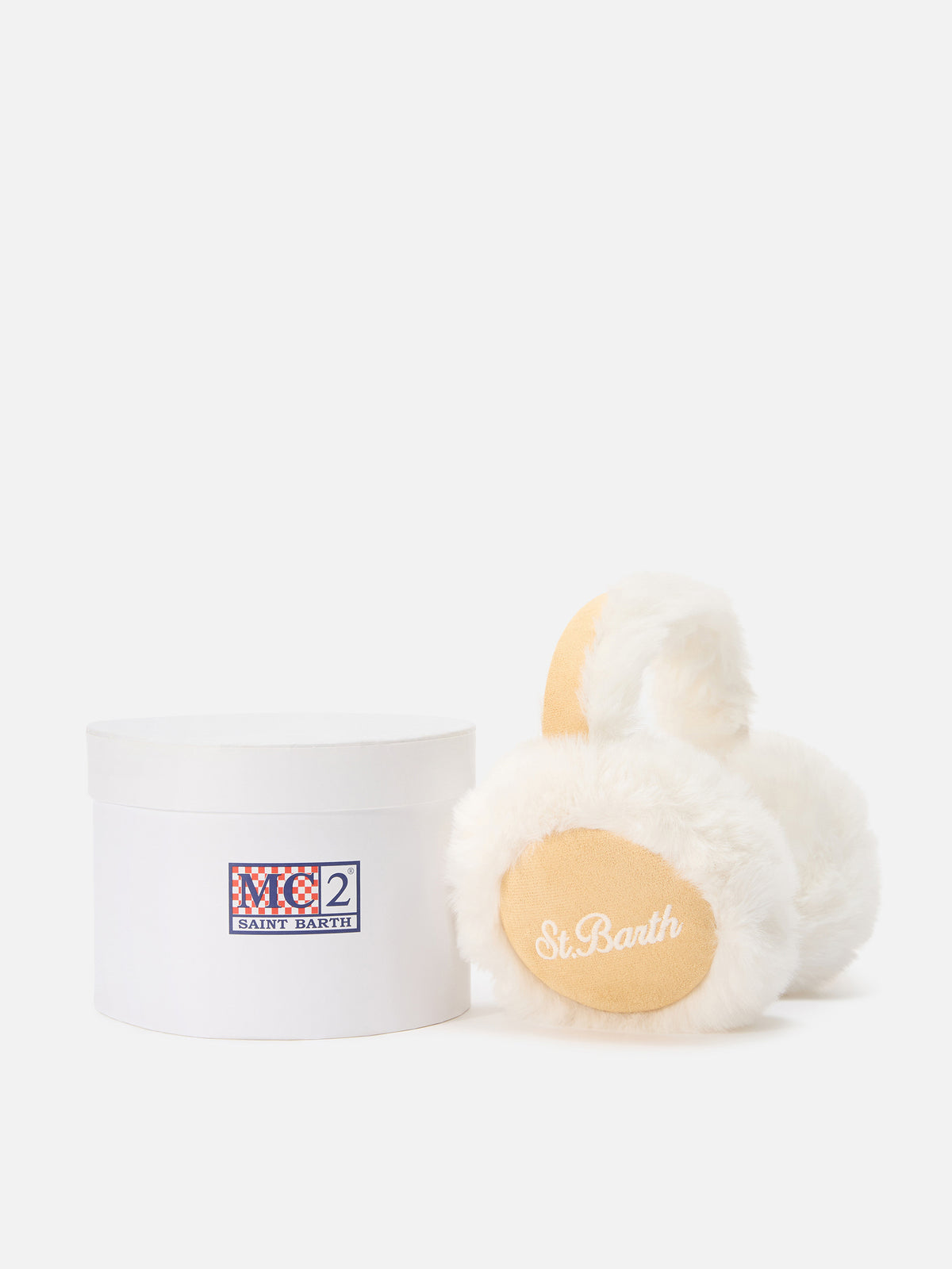 Beigefarbene Ohrenschützer aus Faux-Wildleder mit Faux Fur und Logostickerei 