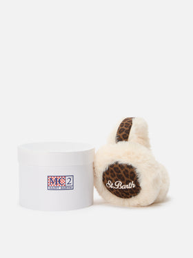 Ohrenschützer mit Leopardenprint und Logostickerei 