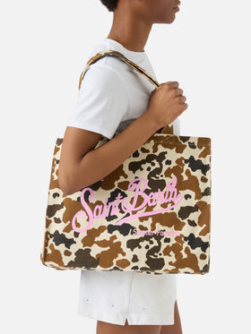 Essenzielle Tote Bag aus Canvas mit Kuhmuster und aufgedrucktem Logo 