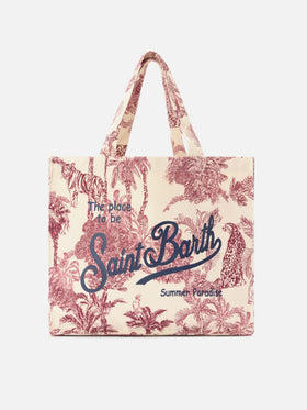 Essential canvas tote bag with bordeaux toile de jouy print