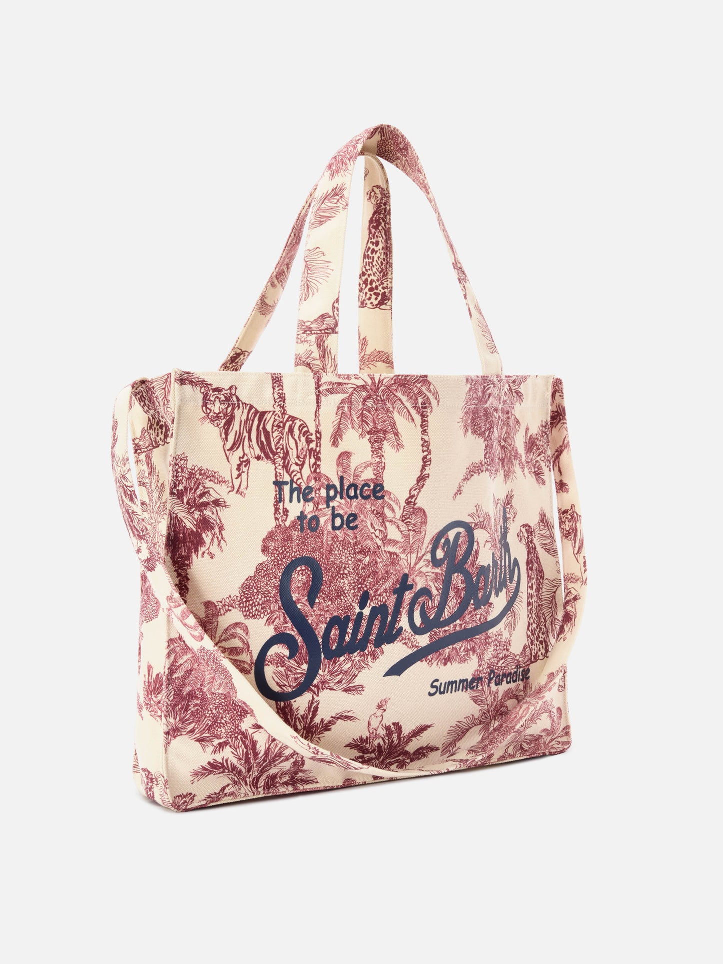 Essential canvas tote bag with bordeaux toile de jouy print