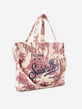 Essential canvas tote bag with bordeaux toile de jouy print