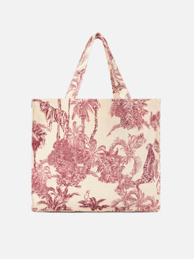 Essential canvas tote bag with bordeaux toile de jouy print