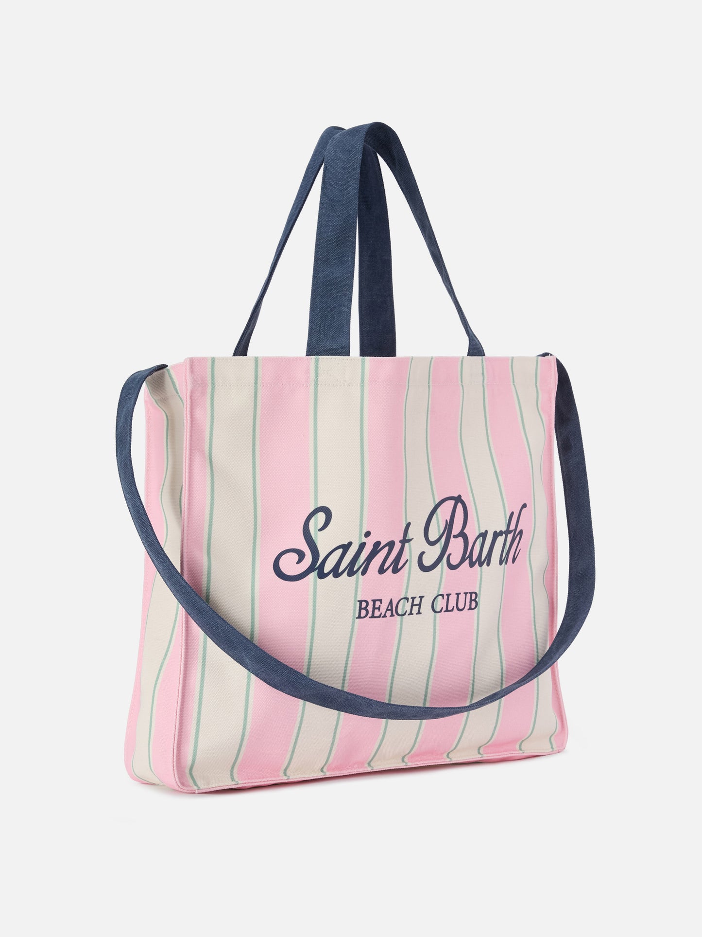 Essential canvas tote bag with pink, green and white stripes and contrasting logo