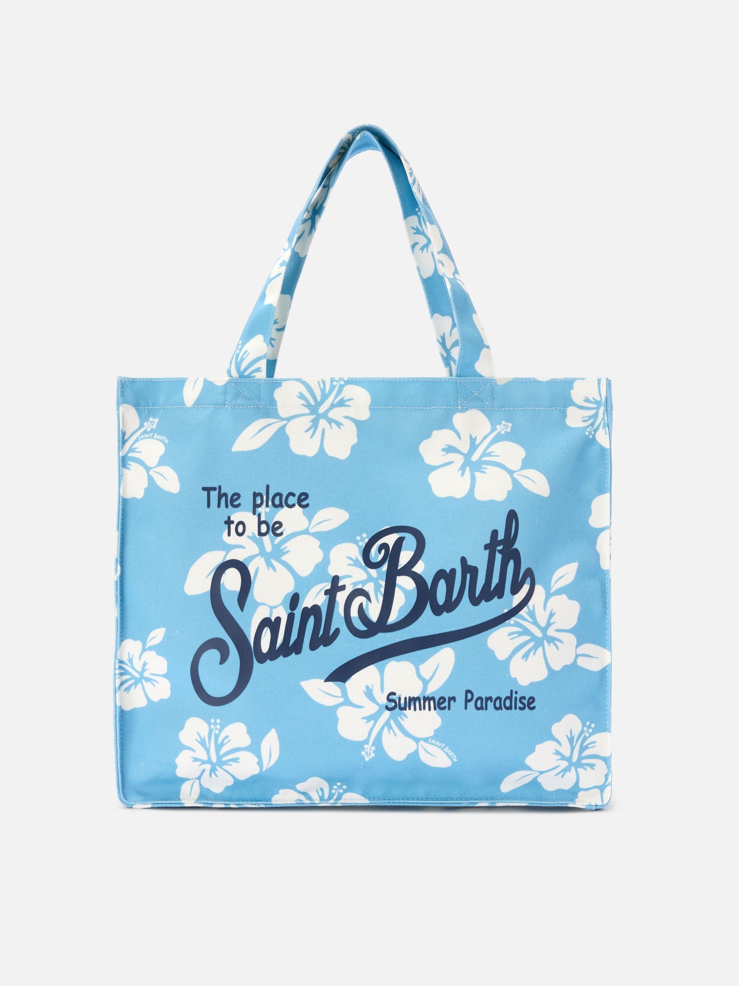 Essential canvas tote bag with light blue hibiscus print and contrasting logo