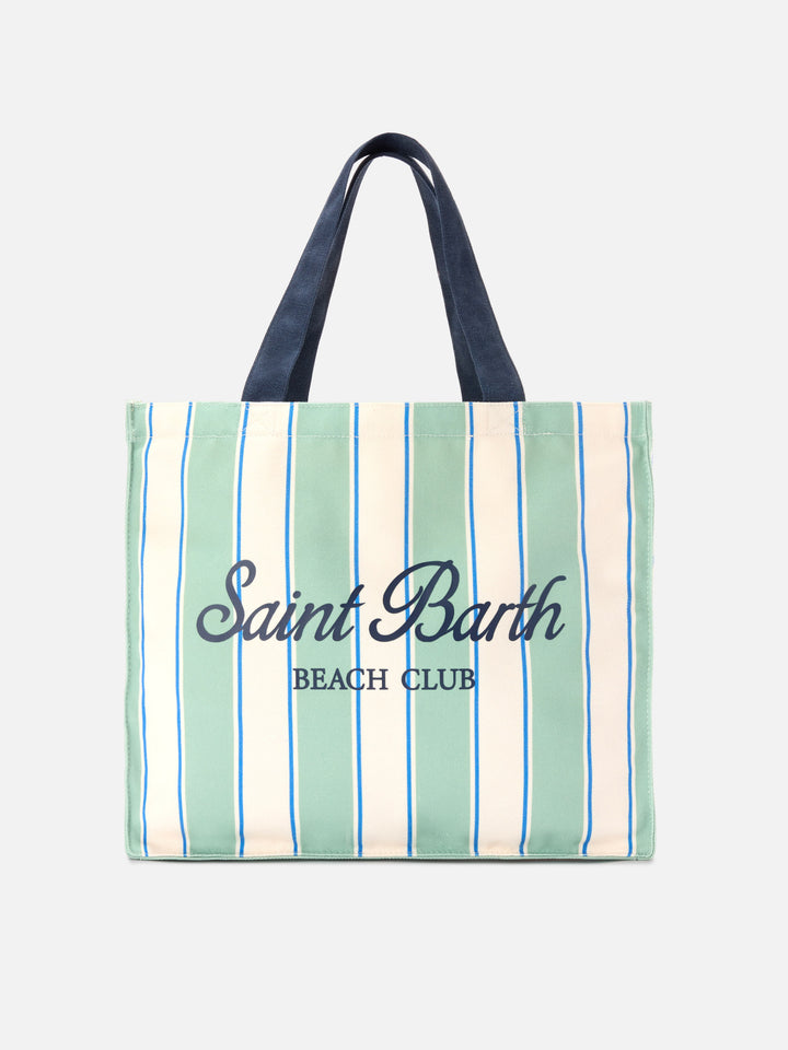 Borsa Essential in canvas a righe verdi, azzurre e bianche con logo a contrasto