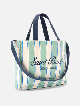 Borsa Essential in canvas a righe verdi, azzurre e bianche con logo a contrasto