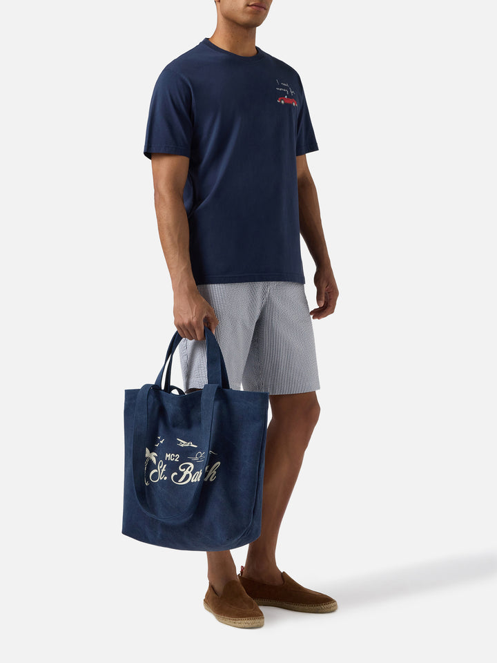 Borsa tote Essential Beach in cotone blu navy con logo ricamato