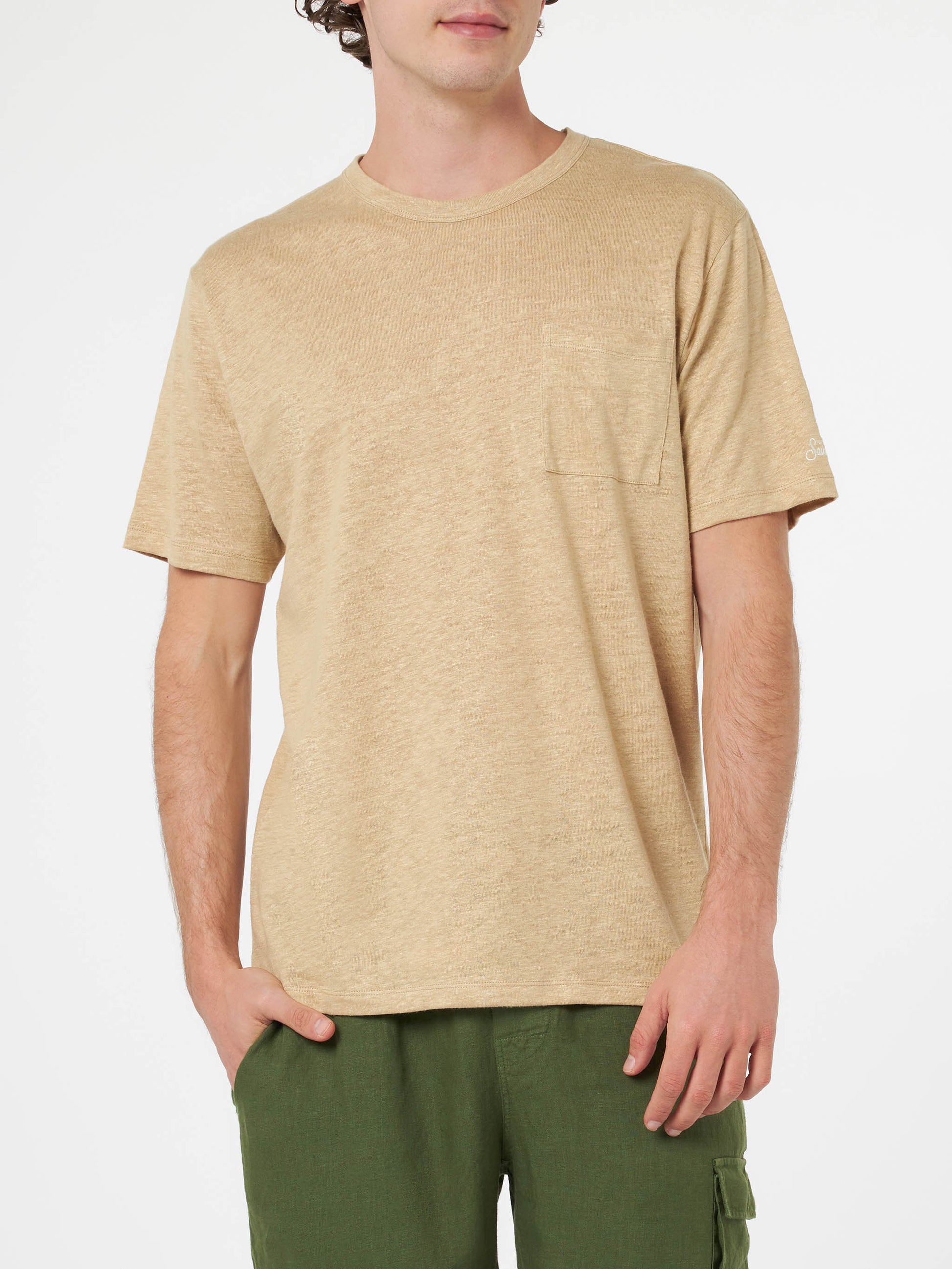 Man beige linen jersey t-shirt Ecstasea with pocket - MC2 Saint Barth