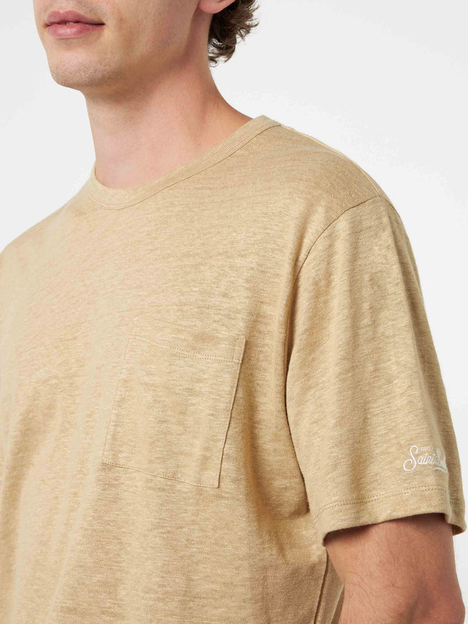 Mc2 Saint Barth T-shirt da uomo Ecstasea in jersey di lino beige con taschino