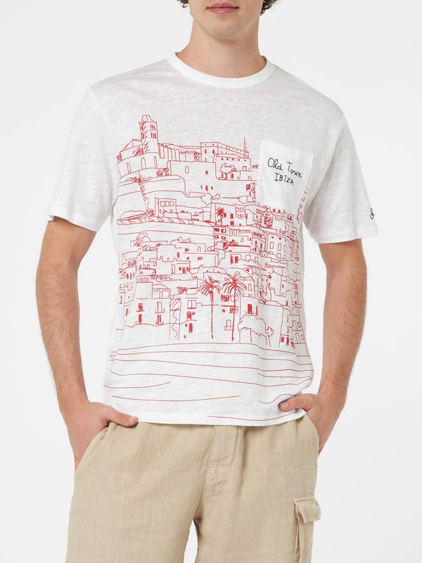 T-shirt da uomo Ecstasea in jersey di lino con stampa piazzata Ibiza e taschino ricamato