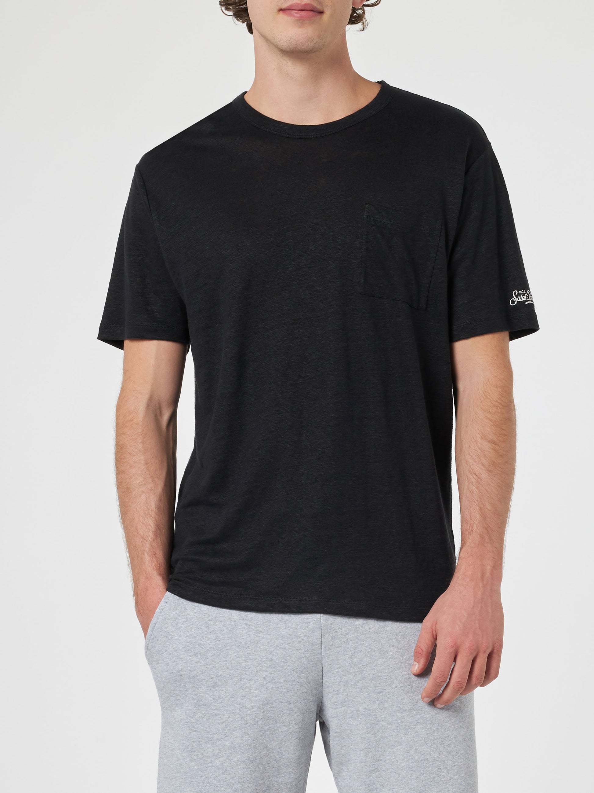 Man black linen jersey t-shirt Ecstasea with pocket - MC2 Saint Barth