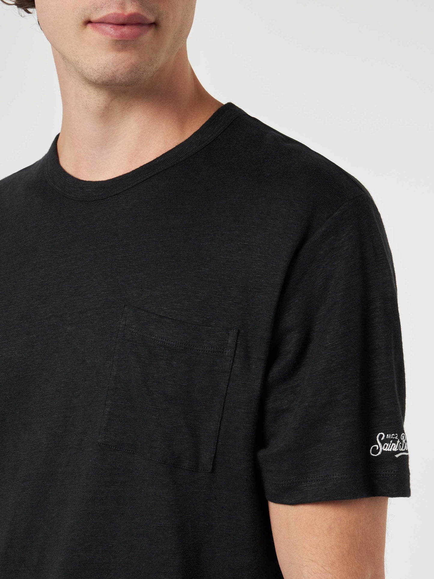 Man black linen jersey t-shirt Ecstasea with pocket - MC2 Saint Barth