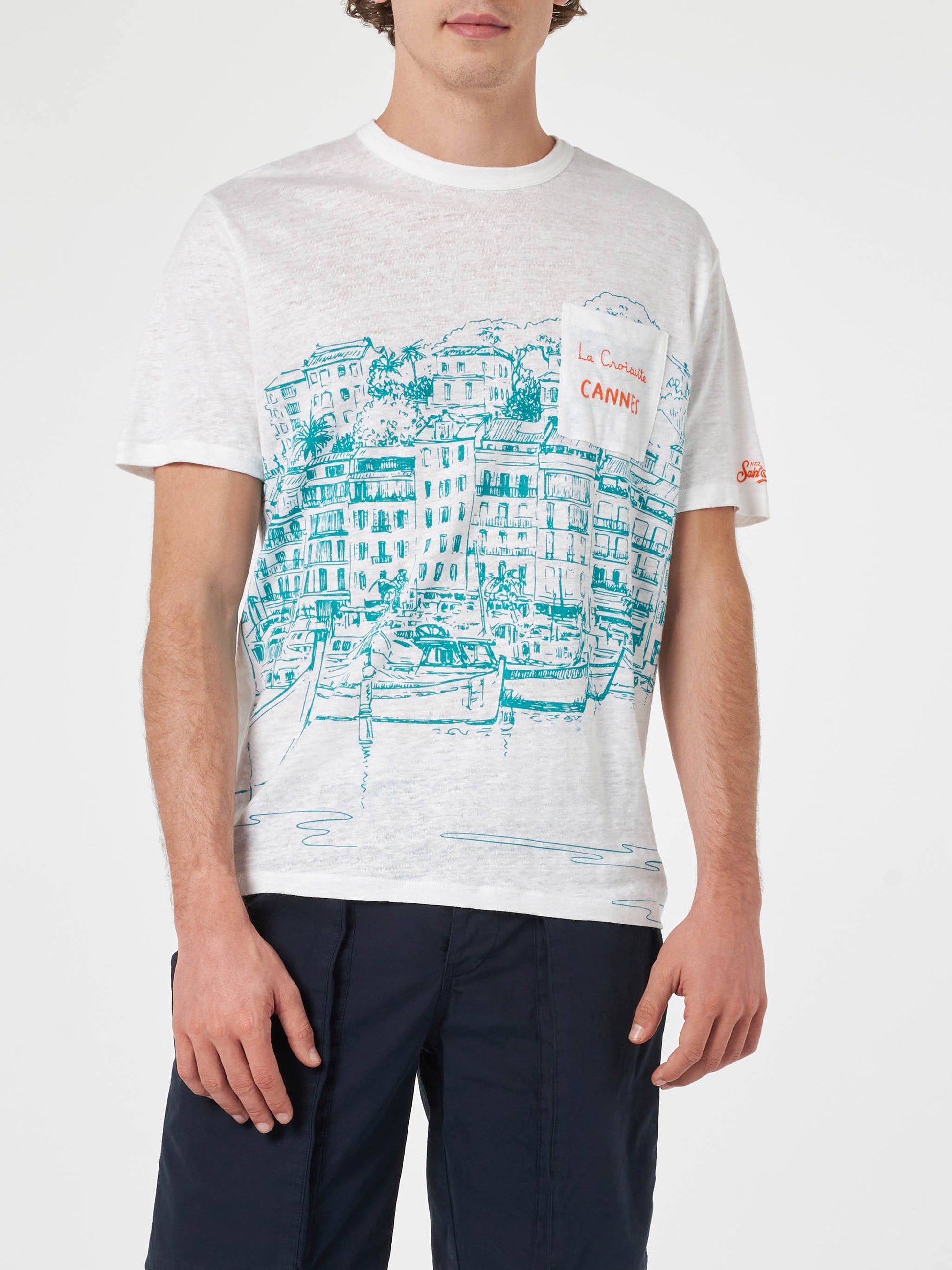 Man linen jersey t-shirt Ecstasea with Cannes placed print and embroidered pocket - MC2 Saint Barth
