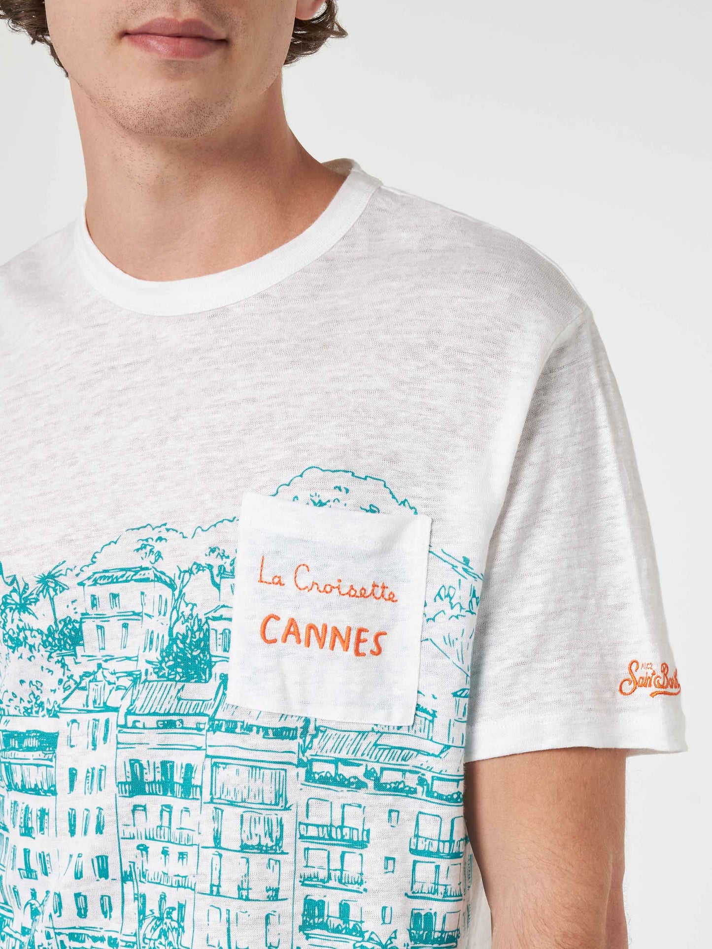 Man linen jersey t-shirt Ecstasea with Cannes placed print and embroidered pocket - MC2 Saint Barth